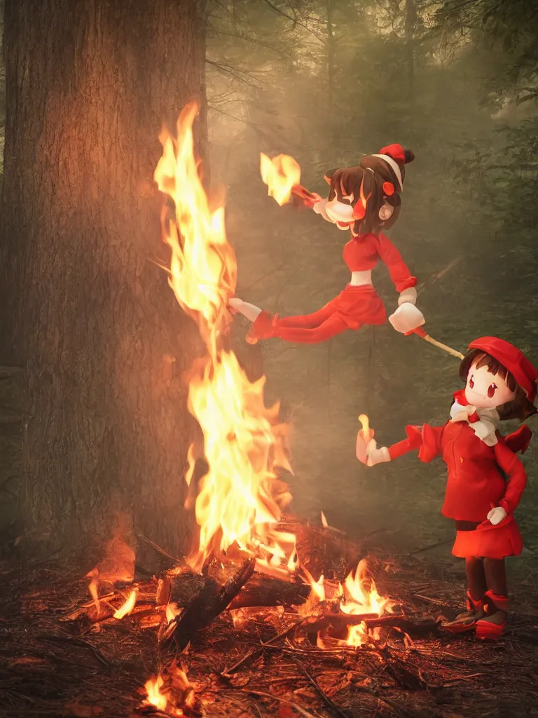 Image similar to cute fumo plush manic happy pyromaniac girl giddily starting a fire in the forest, campfire flames burning, warm glow and volumetric smoke vortices, rule of thirds composition, vignette, vray