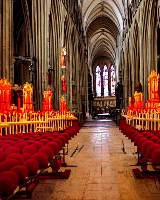 Image similar to inside the cathedral, a red mushroom grows on the thorns on the ground inside the church