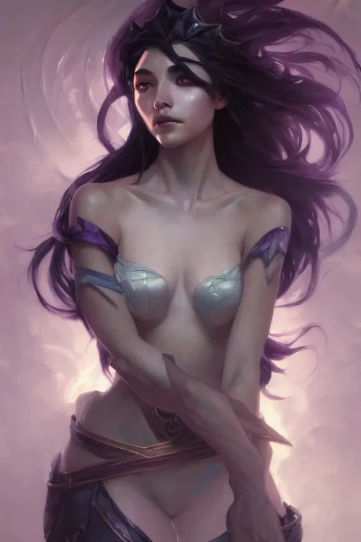 Image similar to portrait of Kalista from League of Legends, dreamy and ethereal and dark, dark eyes, smiling expression, dark fantasy, chaotic, elegant, highly detailed, digital painting, artstation, concept art, smooth, sharp focus, illustration, art by artgerm and greg rutkowski and alphonse mucha