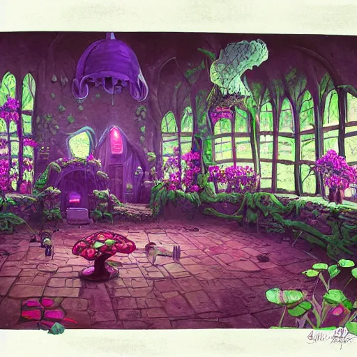 Image similar to concept art painting of a interior of a fungal cozy alien fantasy fairytale house, with black vines and magenta plants, realistic, detailed, cel shaded, dark, in the style of makoto shinkai and greg rutkowski and james gurney