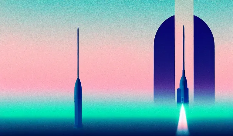 Prompt: a beautiful, minimal. sharp focus, and immaculate overcast futuristic spaceport. vaporwave ombre rendering. outrun style. rocket on the launch pad in the style of a travel poster. trending on artstation. recommended for you behance. by chris moore. by edward hopper. ambient occlusion. digital matte painting. metropolis filmic. gotham city.