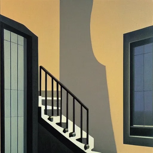 Prompt: “ painting by magritte and jeffrey smart, featuring stairs ”