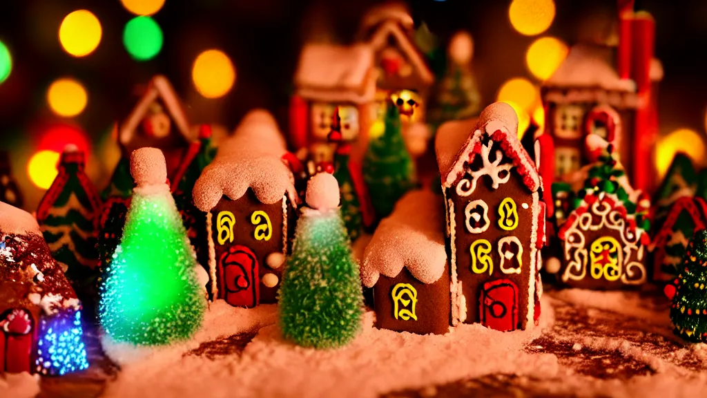 Image similar to closeup of colorful miniature gingerbread house village at night, forest, christmas, snow, bokeh, depth of field 1 0 0 mm, cinematic scene, studio quality, visually stunning, unreal engine, octane render, trending on artstation, artgerm, cgsociety