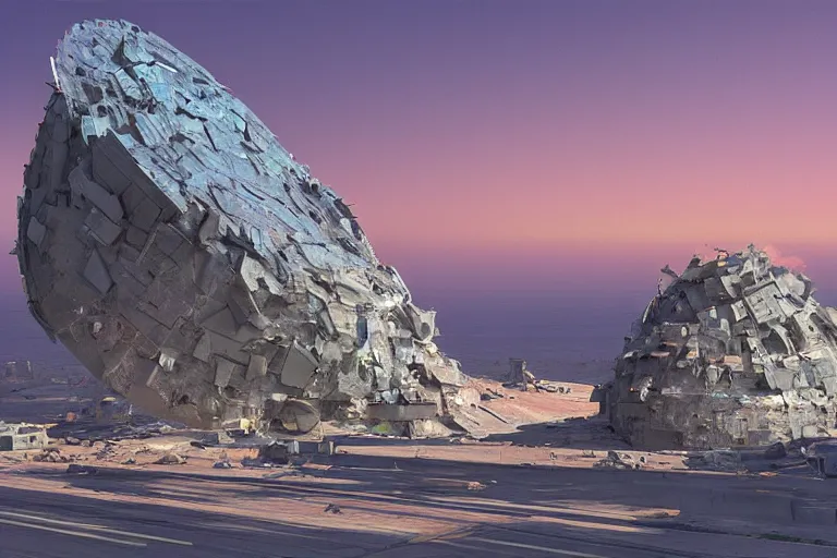 Image similar to A very detailed sci fi blender 3d model of A huge radar, rock,peak,sunset,by john berkey, trending on artstation