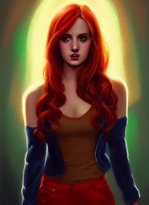 Image similar to full body portrait of teenage cheryl blossom, bangs, green eyes, mischievous expression, red hair, sultry smirk, bangs and wavy hair, intricate, elegant, glowing lights, highly detailed, digital painting, artstation, concept art, smooth, sharp focus, illustration, art by wlop, mars ravelo and greg rutkowski