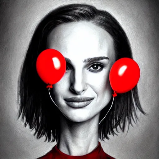 Image similar to surrealism grunge cartoon portrait sketch of natalie portman with a wide smile and a red balloon by - michael karcz, loony toons style, freddy krueger style, horror theme, detailed, elegant, intricate