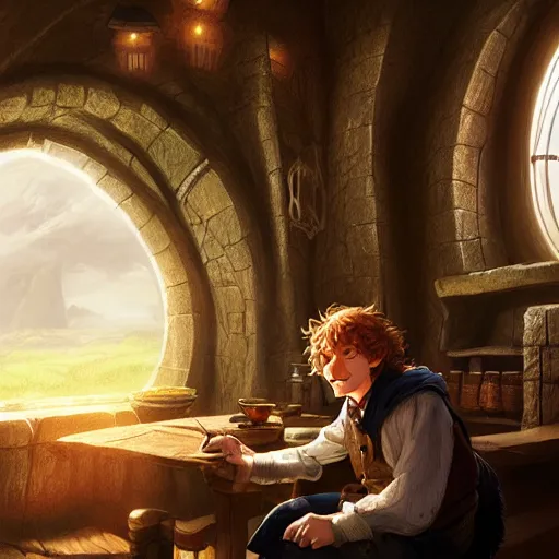 Image similar to bilbo baggins sitting down inside bag end highly detailed, digital painting, concept art, sharp focus, by makoto shinkai