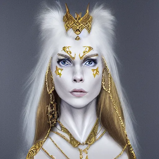 Prompt: portrait of a white human panter with a very long fur and gold jewelry, fantasy, trending on artstation, heroic pose, illustration, highly detailed, simple, 8k