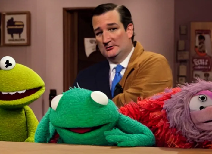 Image similar to sad ted cruz in curled up crying on the floor, on sesame street muppets laughing at him