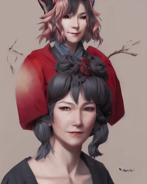 Image similar to Ssunbuki as an older woman with fox ears and a red kimono, visualartzi, Japanese, concept art by Karla Ortiz, James Paick, Charlie Bowater, Krenz Cushart, highly detailed, ultra detailed, ultra realistic, trending on artstation, cgstudio