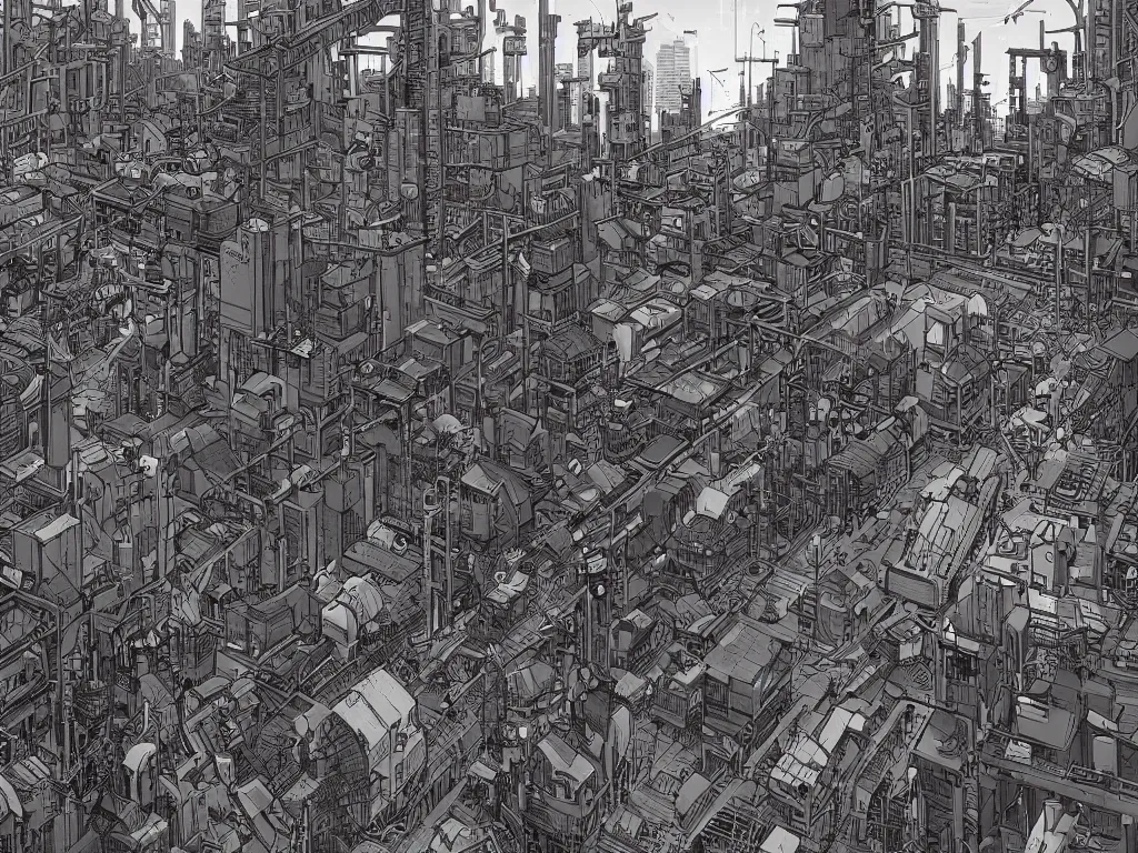 Prompt: industrial neighborhood in a cyberpunk city, in the style of james jean and laurie greasley, dynamic composition, dramatic lighting, hyper - realistic, ultra detailed