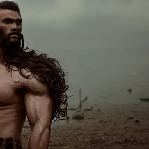 Prompt: an film still of samurai with wavy hair, wearing leather armor, very muscular, very pale skin, very hairy, muddy, shirtless, very tall, strong, powerful, majestic, imposing, full body picture, 4 k