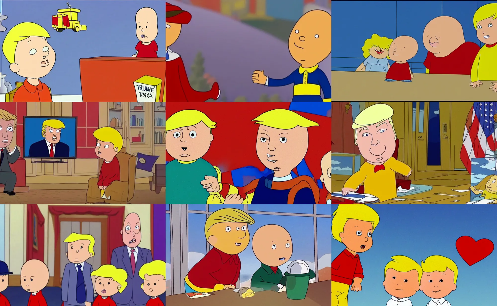 Prompt: donald trump in caillou, animated episode still, vhs