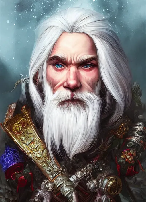 Prompt: dwarf with white hair, red iris, long beard, pale snow white skin, full body character portrait, colorful, highly detailed, digital art by artgerm and james jean