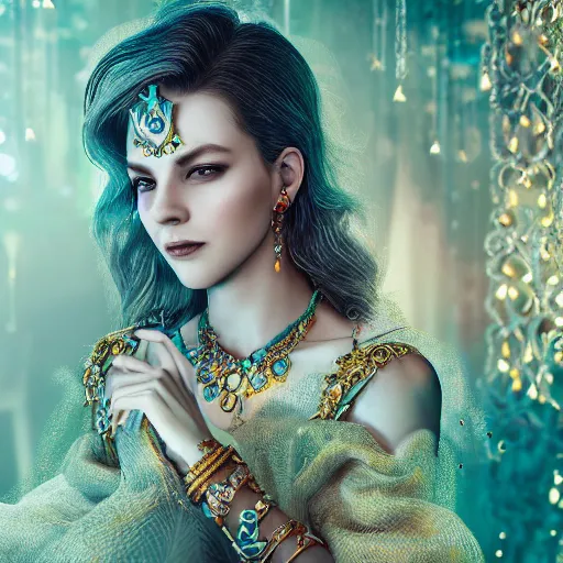 Image similar to photograph of wonderful princess with smooth fair skin, green jewelry, breathtaking, elegant, ornate, intricate, hyper detailed, accent lighting, dramatic light, 4 k octane render