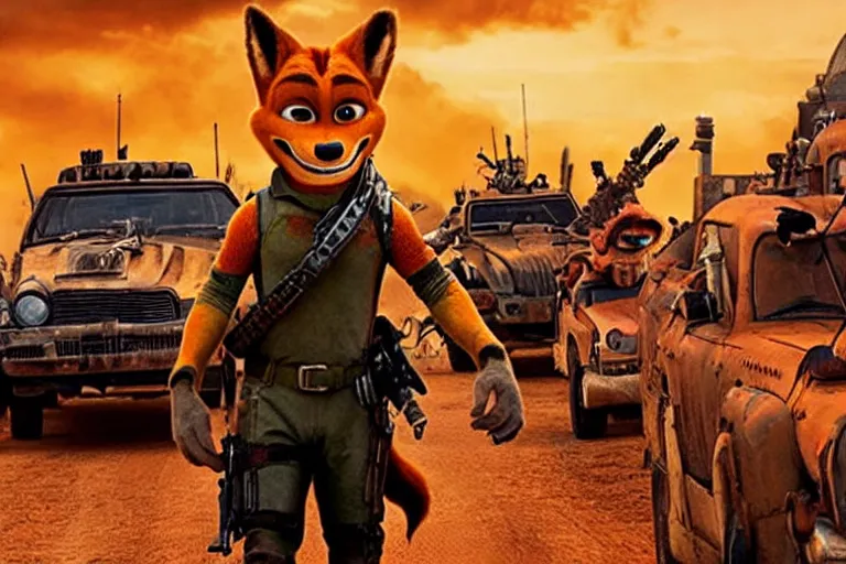 Image similar to nick wilde, heavily armed and armored facing down armageddon in a dark and gritty reboot from the makers of mad max : fury road