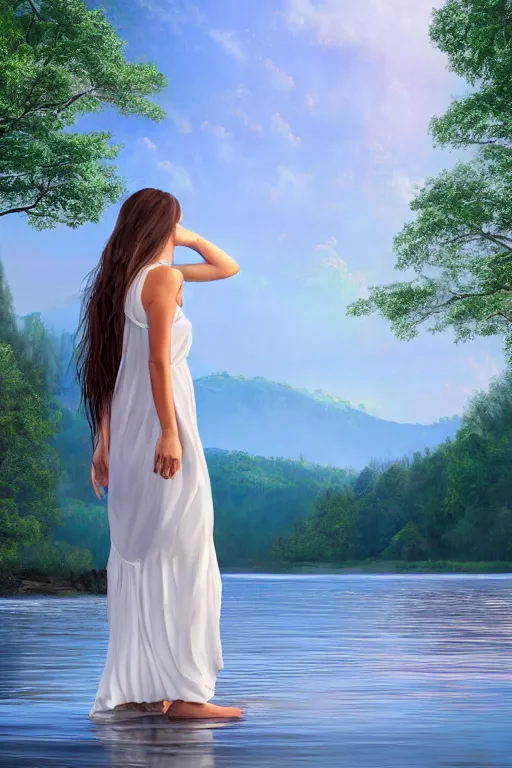 Image similar to a beautiful woman looking to the right side wearing a white dress, river in the background, serene scene, soft lighting, complementary colors, anatomically correct, five fingers, matte painting, centered, symmetrical, low contrast, heaven, path traced, highly detailed, high quality, 4 k, hyperrealistic, soft colors, beautiful landscape, realistic and defined face