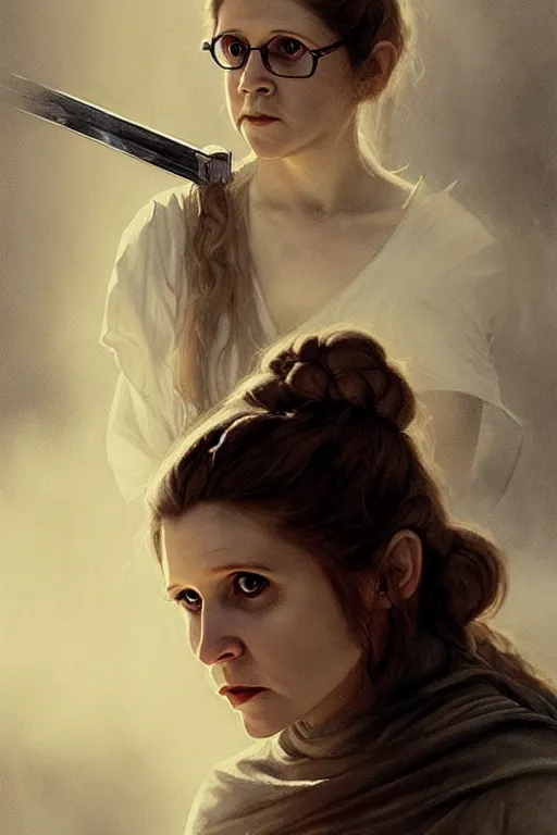 Image similar to young carrie fisher, battle warrior, lord of the rings, tattoos, decorative ornaments, by carl spitzweg, ismail inceoglu, vdragan bibin, hans thoma, greg rutkowski, alexandros pyromallis, perfect face, fine details, realistic shading, photorealism