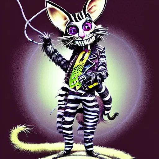 Prompt: graphic illustration, creative design, alice cooper as cheshire cat, biopunk, francis bacon, highly detailed, hunter s thompson, concept art