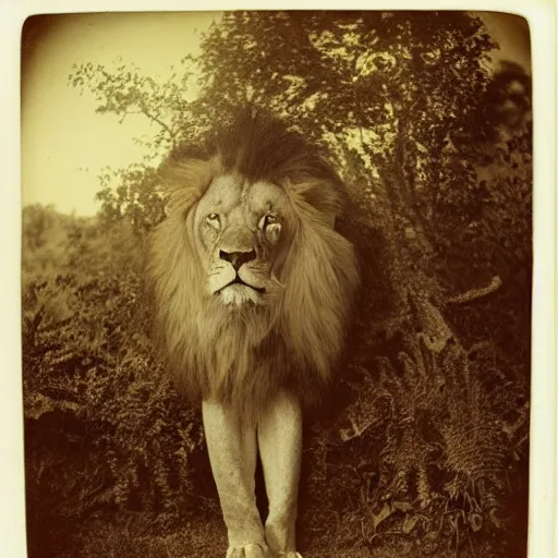 Prompt: wizard male lion with large tentakles legs in a dense jungle, robot eyes, by Ansel Adams Tintype 1800s