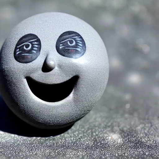 Image similar to photo of plastic painted toy figurine collectible grey moon with creepy smiling face with large craters with hands standing on legs in sneakers