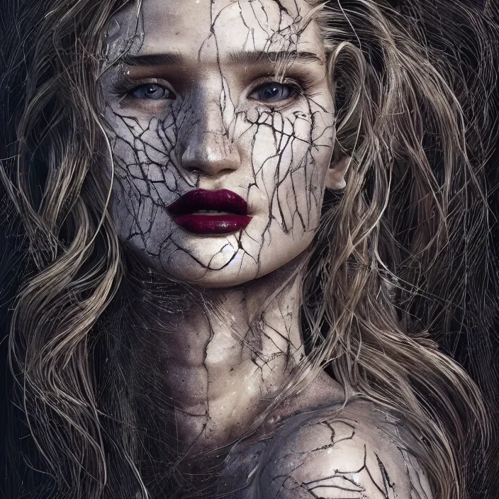 Prompt: portrait of rosie huntington-whiteley as a skeleton. intricate abstract. intricate artwork. nightmare fuel. by Tooth Wu, wlop, beeple, dan mumford. octane render, trending on artstation, greg rutkowski very coherent symmetrical artwork. cinematic, hyper realism, high detail, octane render, 8k, iridescent accents