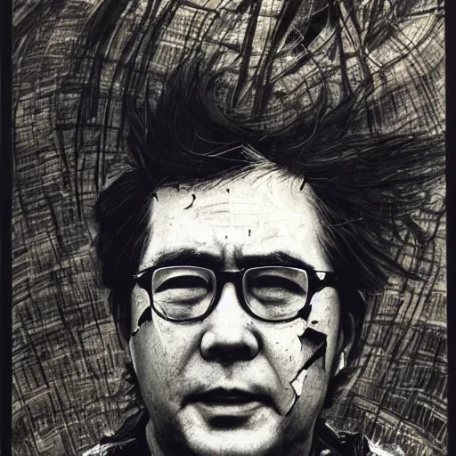 Prompt: Yoshitaka Amano realistic illustration of jeb bush ,hair fluttering in the wind, cracks on his face wearing Elden ring armour with engraving, abstract black and white patterns on the background, noisy film grain effect, highly detailed, Renaissance oil painting, weird portrait angle, blurred lost edges, three quarter view