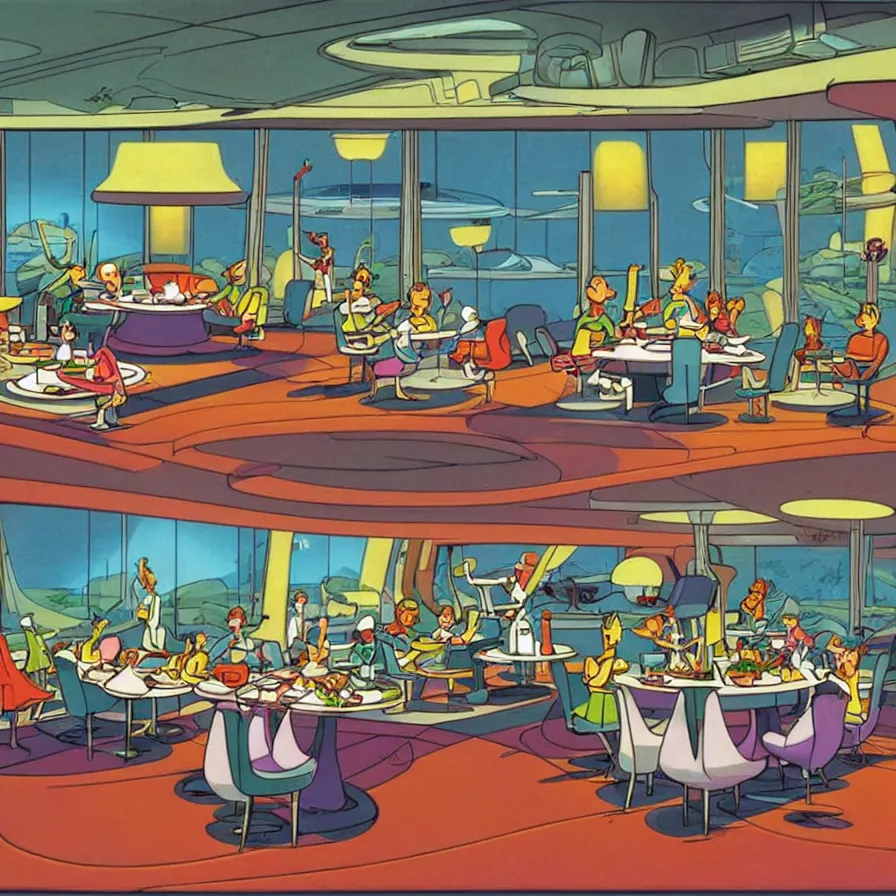 Prompt: concept art of jetsons cartoon indoor big dinning room, painted by tim white