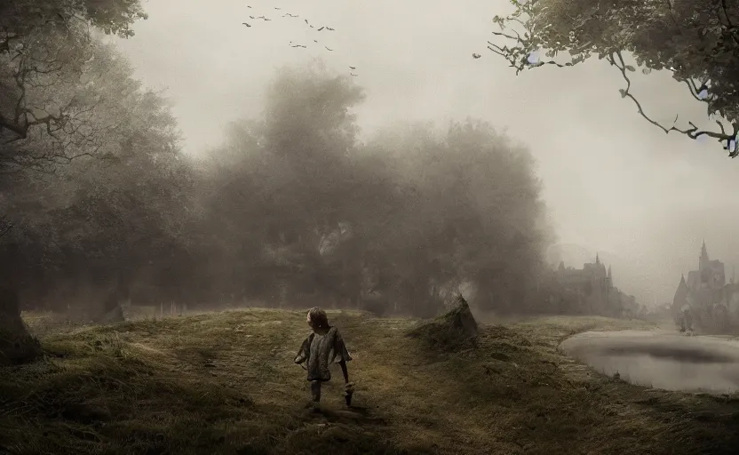 Prompt: a tired young boy in game of thrones, a long road in distance, a big medieval garden nearby, medieval, long shot, close up, gloomy and foggy atmosphere, octane render, rembrandt, cgsociety, artstation trending, highly detailed