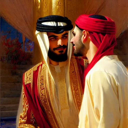 Image similar to attractive fully clothed arab king confesses his love for his attractive fully clothed male prince. highly detailed painting by gaston bussiere, craig mullins, j. c. leyendecker