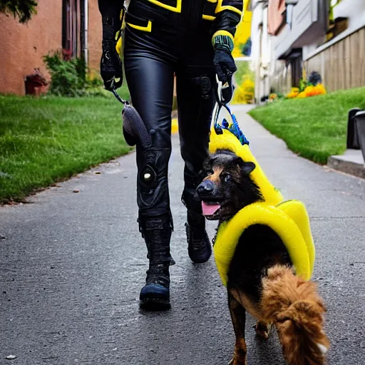 Prompt: latina woman with curly hair is wearing a cyberpunk yellow and black strap flight suit, while walking a yellow shepherd dog down a residential street in a city