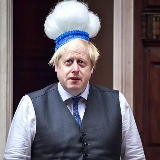 Image similar to boris johnson looking sad while wearing a maid costume