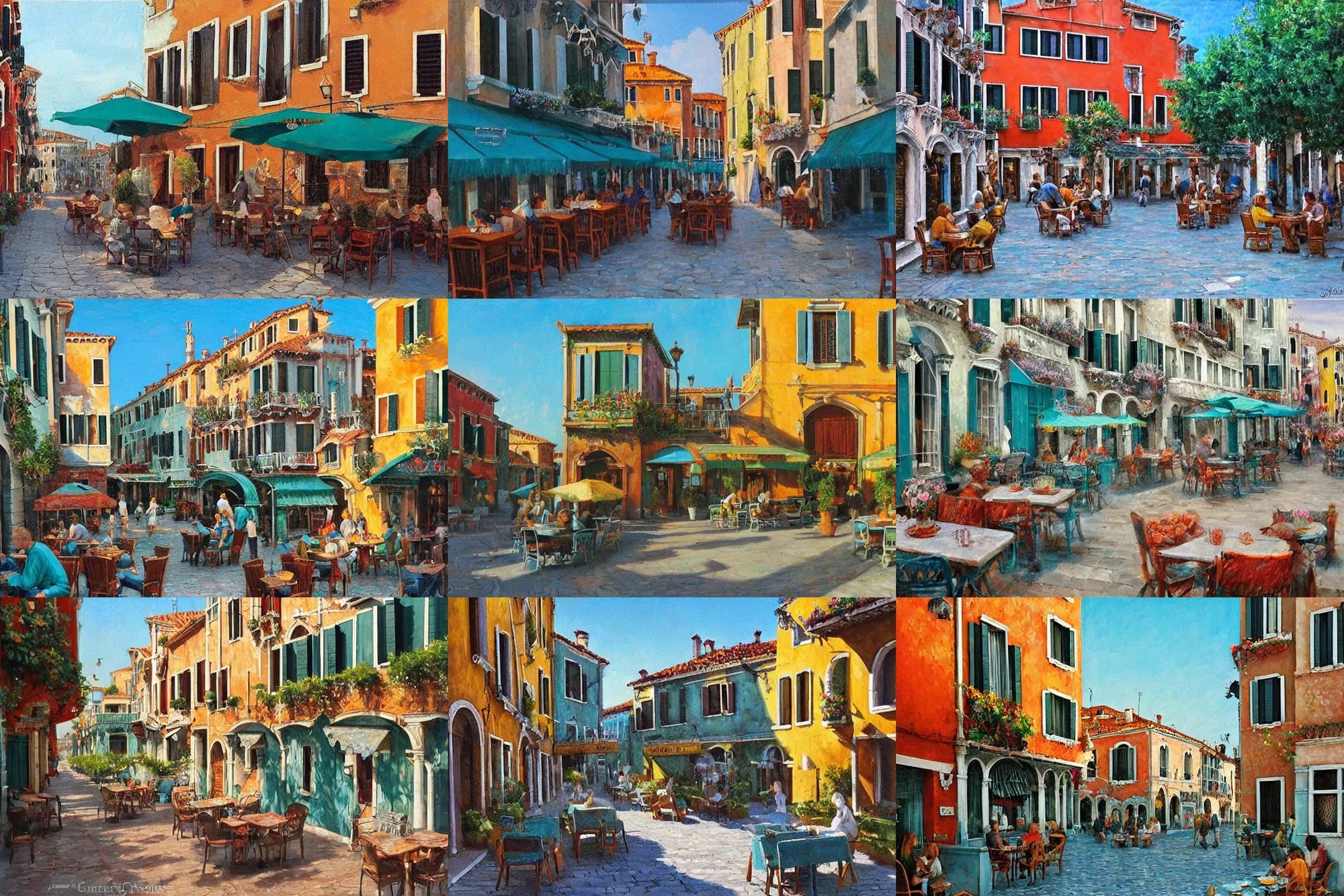 Prompt: street of teal stone, sunlight and whimsical houses, cafe tables, venice, painting by james gurney