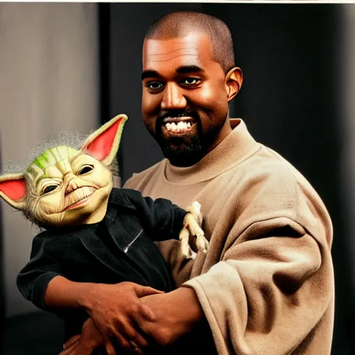 Image similar to kanye west smiling and holding yoda for a 1 9 9 0 s sitcom tv show, studio photograph, portrait