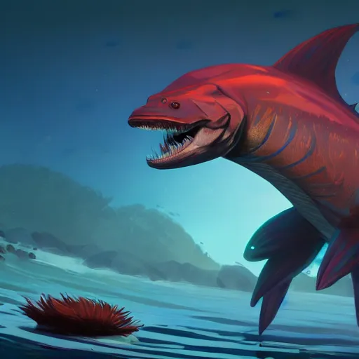 Image similar to portrait of an antropomorphic fish creature, black fins, human body, angry look, ready for battle, masterpiece, matte painting concept blizzard pixar maya engine on cold night stylized background splash comics global illumination lighting artstation lois van baarle, ilya kuvshinov, rossdraws