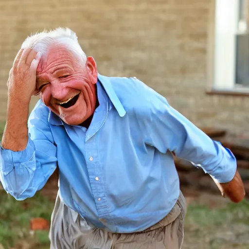 Prompt: a smiling old man falling down