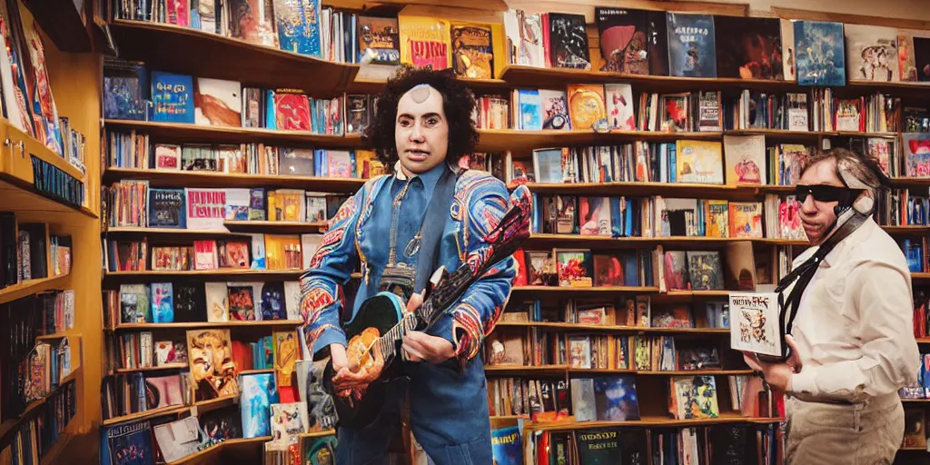 Prompt: “a portrait of a space alien mariachi band in a book store, Sigma 24mm f/8”