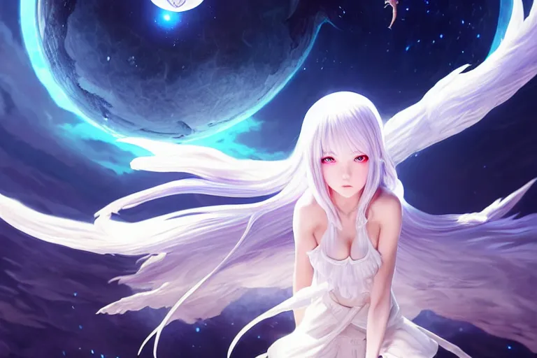 Prompt: white dressed summoner girl fighting against outer gods with their creatures. floating planets on the background, box office hit, fantasy and cosmic horror movie, unreal engine, intricate, highly detailed 8 k, ambient occlusion, extremely beautiful and aesthetic shape of face and body, art by hiroaki samura and ilya kuvshinov and rossdraws