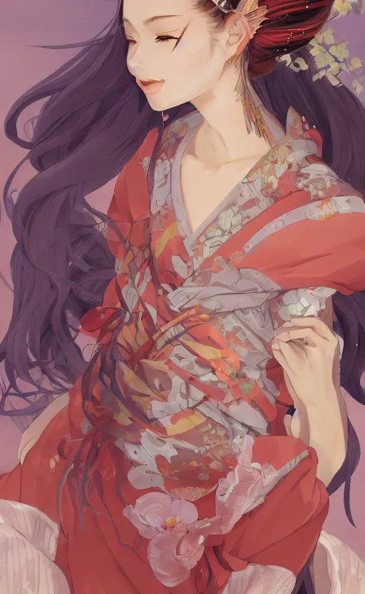 Prompt: A beautiful digital painting of a beautiful young woman with fox ears and nine tails wearing a kimono, anime, visualartzi, Janapese, concept art by Karla Ortiz, James Paick, Charlie Bowater, Krenz Cushart, Stanley Artgerm Lau, WLOP, Rossdraws, James Jean, Andrei Riabovitchev, Marc Simonetti, and Sakimichan, trending on artstation