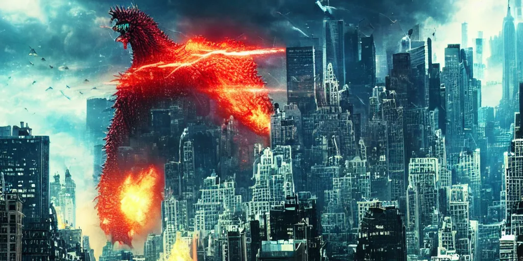 Image similar to A Cyber Kaiju Attacking new york, cinematic, Michael bay movie