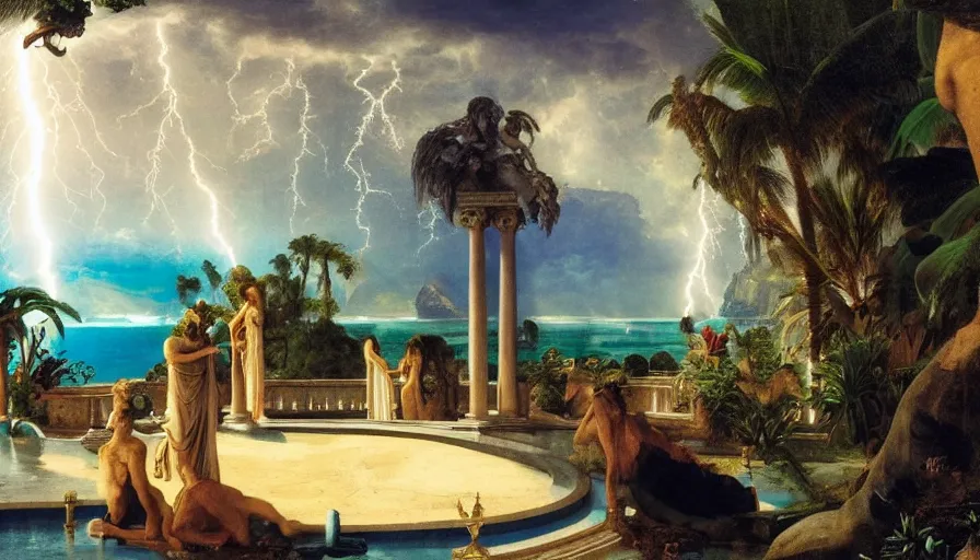 Prompt: Inside the Palace of the occult, mediterranean balustrade and columns, refracted sparkles, thunderstorm, greek pool, beach and Tropical vegetation on the background major arcana sky and occult symbols, by paul delaroche, hyperrealistic 4k uhd, award-winning, very detailed paradise