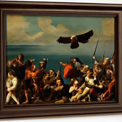 Prompt: stout cortez with eagle eyes stared at the pacific and all his men looked at each other with a wild surmise silent, upon a peak in darien, by jean deville, by valentin du boulogne,