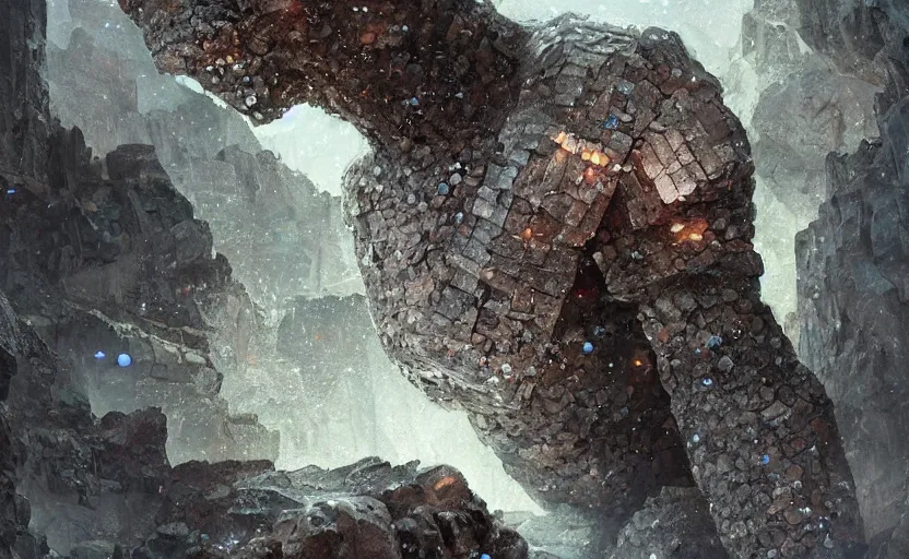 Image similar to a golem made from translucent crystals, high in the mountains, greg rutkowski, 8 k, shallow depth of field, intricate detail, concept art,