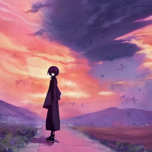 Prompt: 1 7 - year - old anime goth girl, black hair, long bob cut, long bangs, gothic coat, golden hour, partly cloudy sky, red clouds, orange sky, old town, strong lighting, strong shadows, vivid hues, ultra - realistic, sharp details, subsurface scattering, intricate details, hd anime, 2 0 1 9 anime