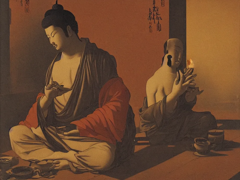 Image similar to Portrait of intense man with eyes closed, meditating cross legged in a Zen temple at the candle light. Vase with wilted flowers, small statue of the Buddha. Painting by Georges de la Tour