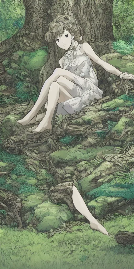 Prompt: landscape shot of a highly detailed queen sitting by herself on a sofa in a forest, drawn by CloverWorks, elegant, beauty, fine linework