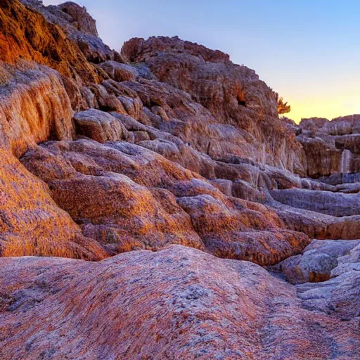 Prompt: bottom-up view from a huge deep multicoloured rock quarry in the evening light ultra detailed by National Geographic style, golden hour, atmospheric lighting, 8k resolution, best color graded, vray beautiful, hyper-realistic render W 1080 H 1080