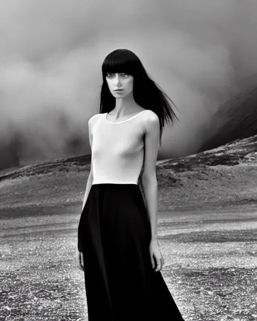 Image similar to high fashion photography of an elegant chic young woman model with cropped bangs and long straight hair, she is wearing a minimalist simple dress, intense expression, at the edge of an active volcano caldera spewing magma, by Steven Meisel and Chris Cunningham