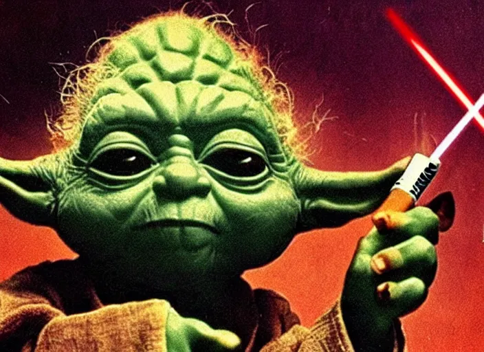 Image similar to vintage 1 9 7 7 star wars movie poster, of yoda with bloodshot eyes smoking a huge marijuana cigarette, surrounded by cannabis plants
