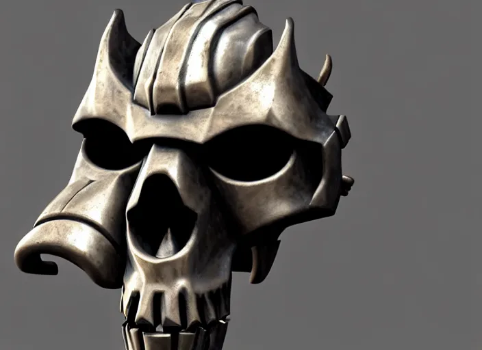 Image similar to tusked damaged brushed metal skull mask, stylized stl, 3 d render, activision blizzard style, hearthstone style, darksiders art style